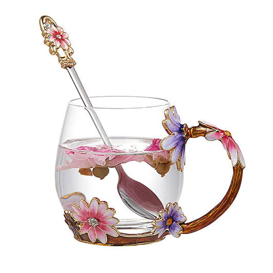 evecase daisy Flower Glass Mugs Tea Cup with Steel Spoon,Tea Lovers Gifts for Women,Wife,Mom,Female,Friends,Birthday,Mothers Day, valentines day,Christmas