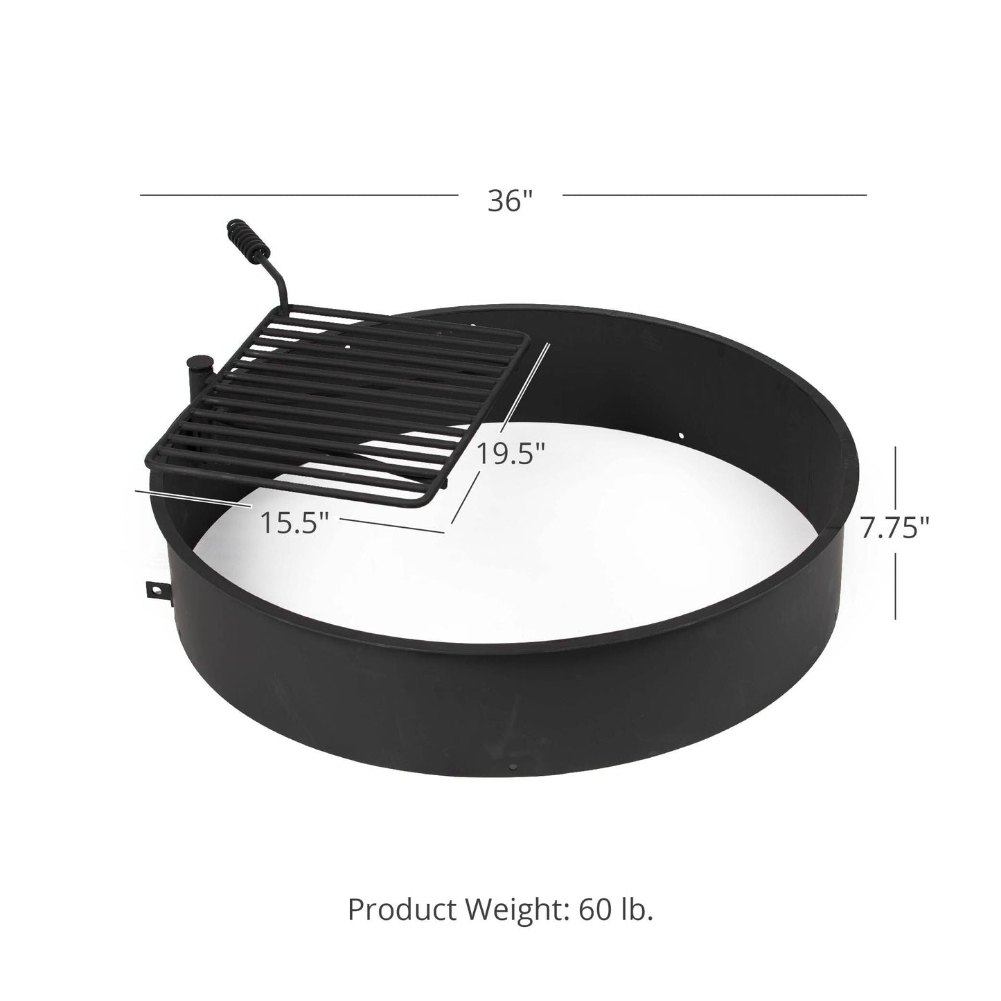 Ash & Ember 36" Steel Fire Ring with 15.5" x 19.5" Grate, Durable Fire Ring Liner with Anchor Pins, Outdoor Cooking Camping Steel Fire Ring Combo