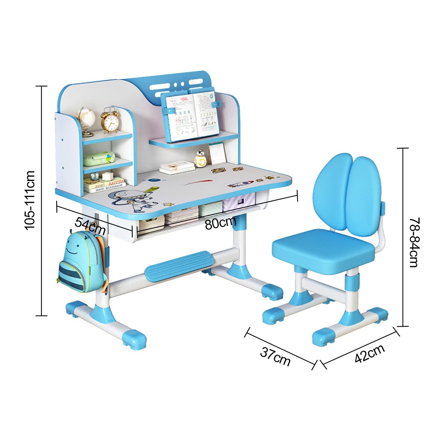 Kids desk and chair set,Premium Kids Study Desk Chair Set,Height Adjustable Children's Desk and Chair School Study Table Chair ,Ergonomic Desk Chair with Writing Board, Bookshelf and Drawer (Blue)