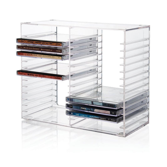 STORi Stackable Clear Plastic CD Organizer with Rubber Feet | Rectangular Jewel Cases Holder Perfect for Theatre Room | Holds up to 30 CD Cases | Made in USA