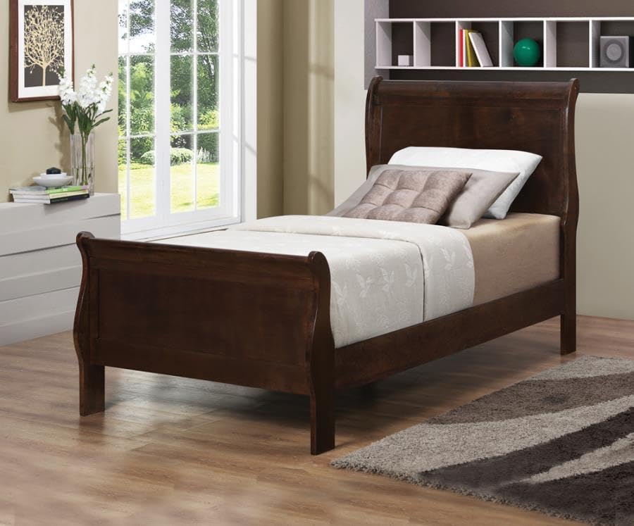 Coaster Home Furnishings Louis Philippe 4-piece Bedroom Set Twin Size Traditional Wooden Sleigh Bed Frame 47-Inch Panel Headboard Nightstand Dresser and Mirror Cappuccino Brown 202411T-S4