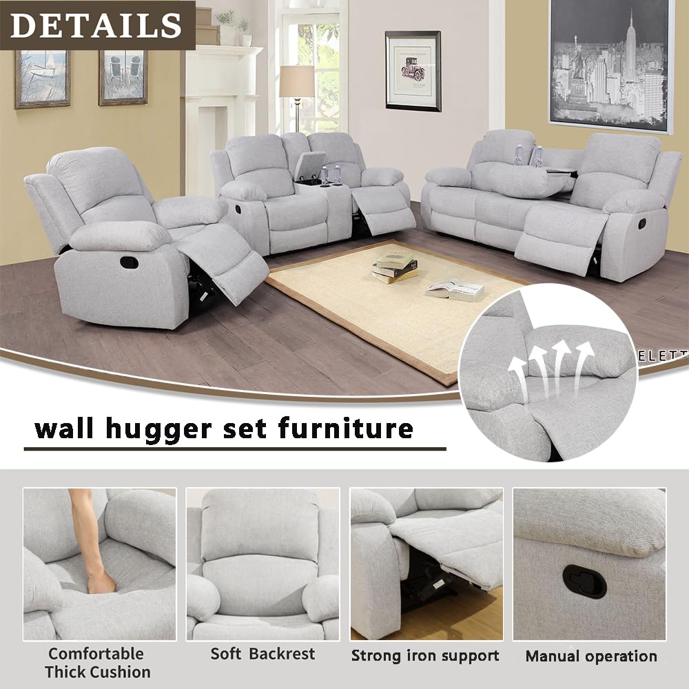 A Ainehome Living Room Furniture Set 3 Pieces Grey Microfiber Recliner Sofa Set Loveseat Chair Furniture Sofa Set for Living Room/Rv/House/Office/Theater Seating (A-Grey White Microfiber,3 Piece Set)