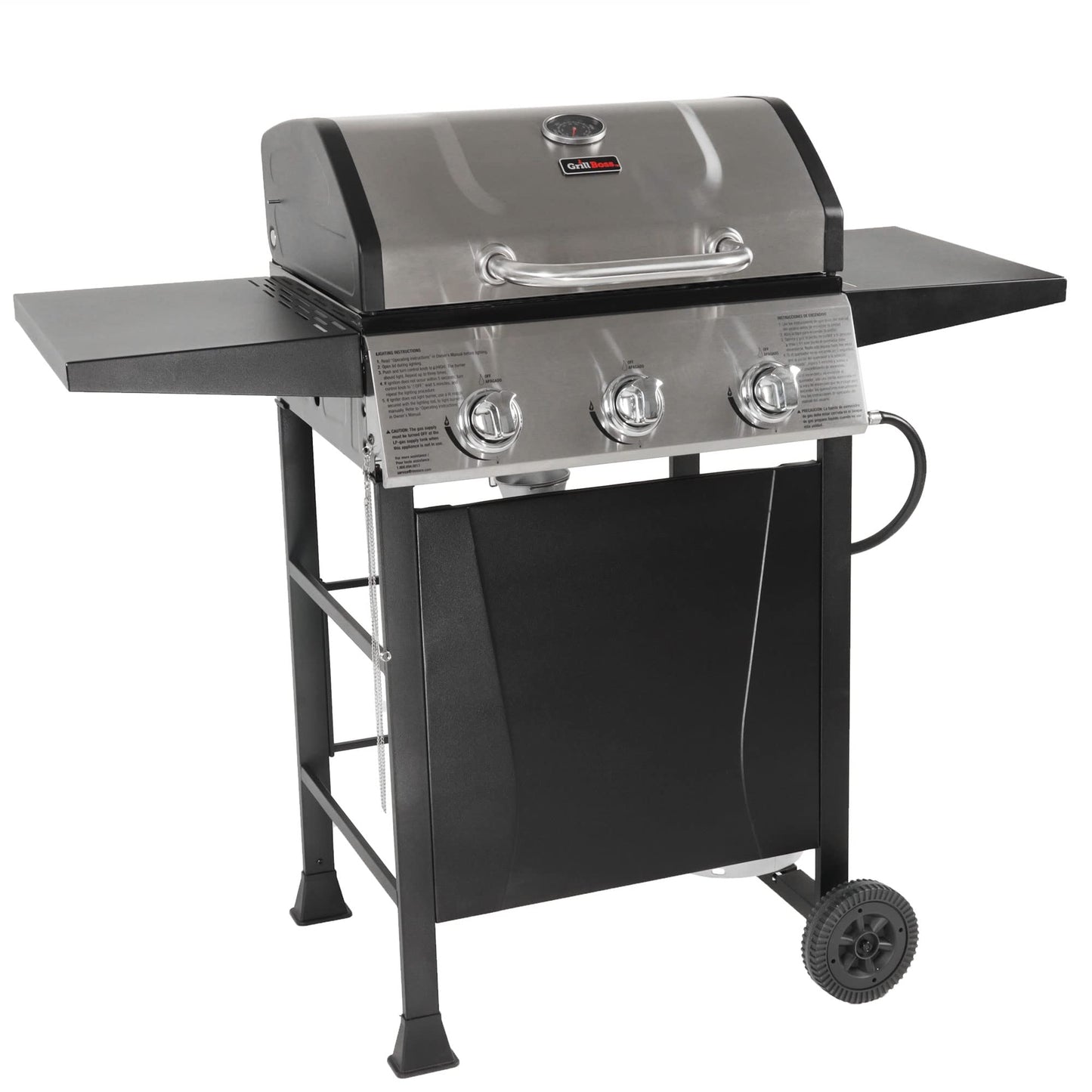 Grill Boss Outdoor Barbeque 3 Burner Propane Gas Grill for Barbecue Cooking with Top Cover Lid, Wheels, and Side Storage Shelves, Black