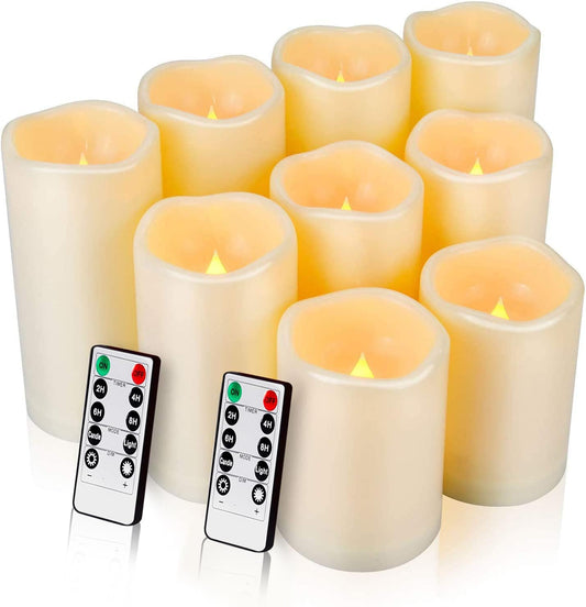 Enido Flameless Candles, LED Candles Outdoor Waterproof Candles(D: 3" x H: 4" 5" 6") Battery Operated Plastic Pack of 9 Pillar