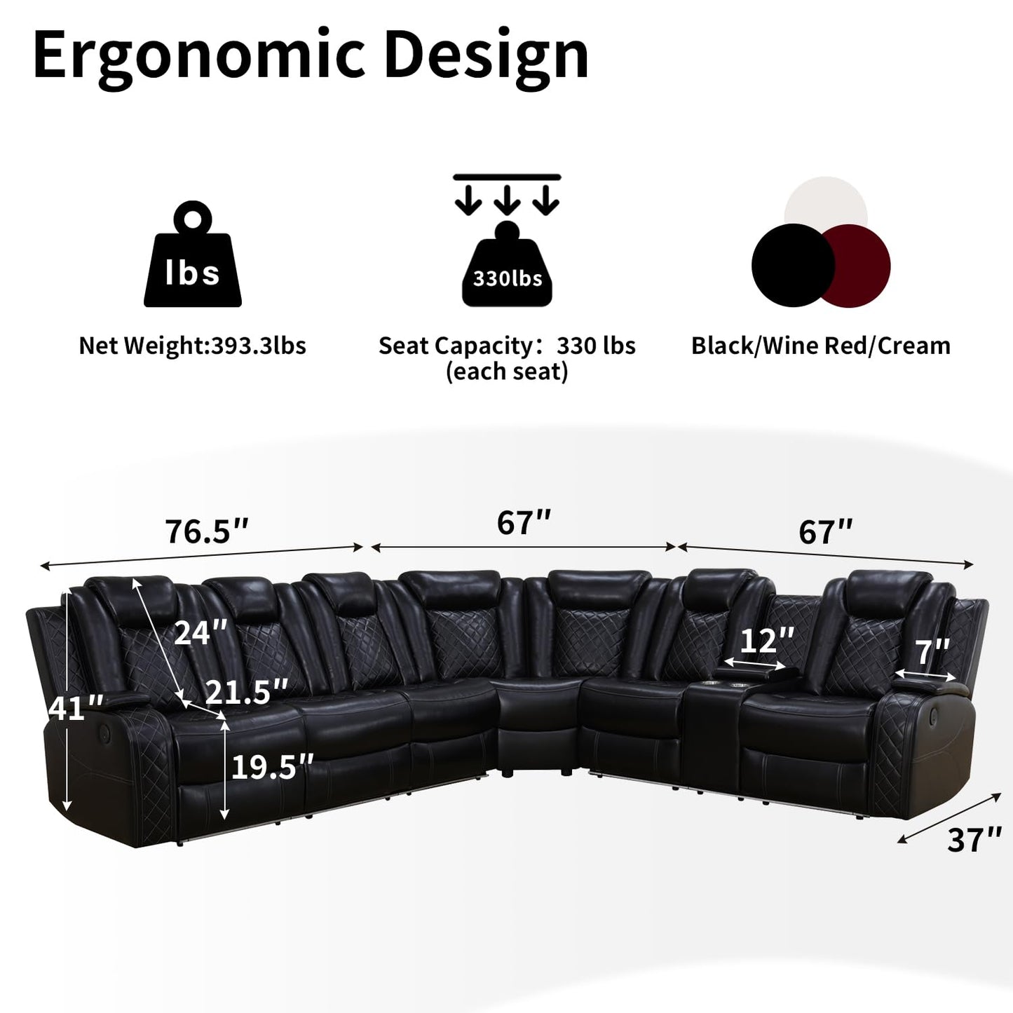 Caberryne Power Recliner Sofa Sectional Couches with LED Light for Living Room,Leather Reclining Corner Sectional Sofa with 2 Recliner Seats,Cup Holder,Storage Console for House/Home Theater, Black