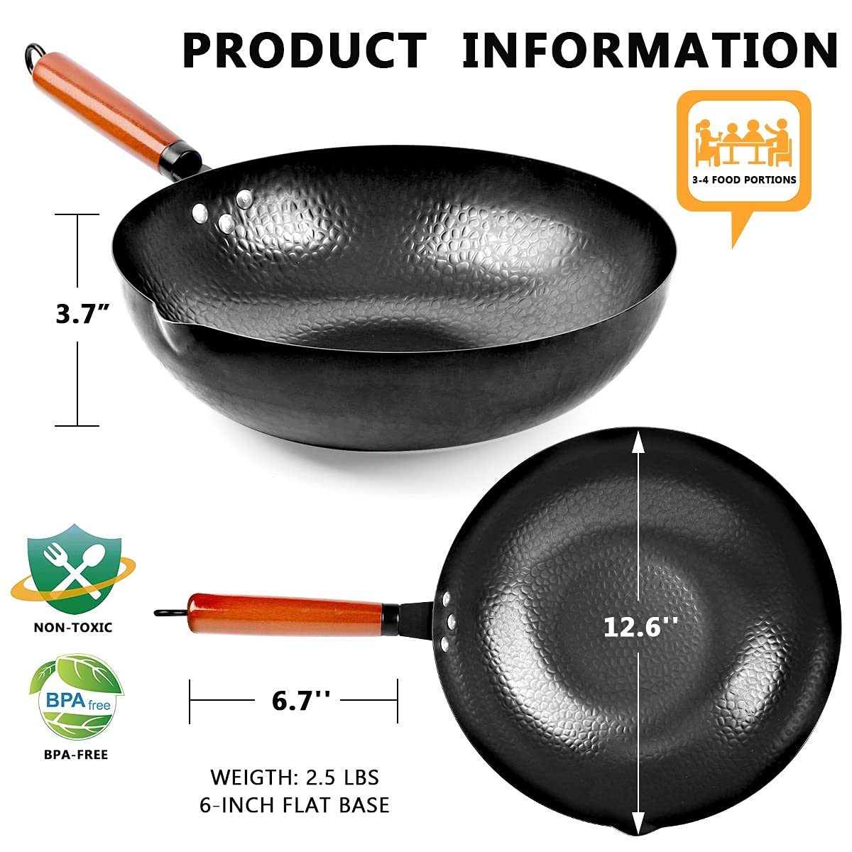 kaqinu Carbon Steel Wok Pan, 14 Piece Woks & Stir-Fry Pans Set with Wooden Lid Cookwares, No Chemical Coated Flat Bottom Chinese Pan for Induction, Electric, Gas, Halogen All Stoves - 12.6''