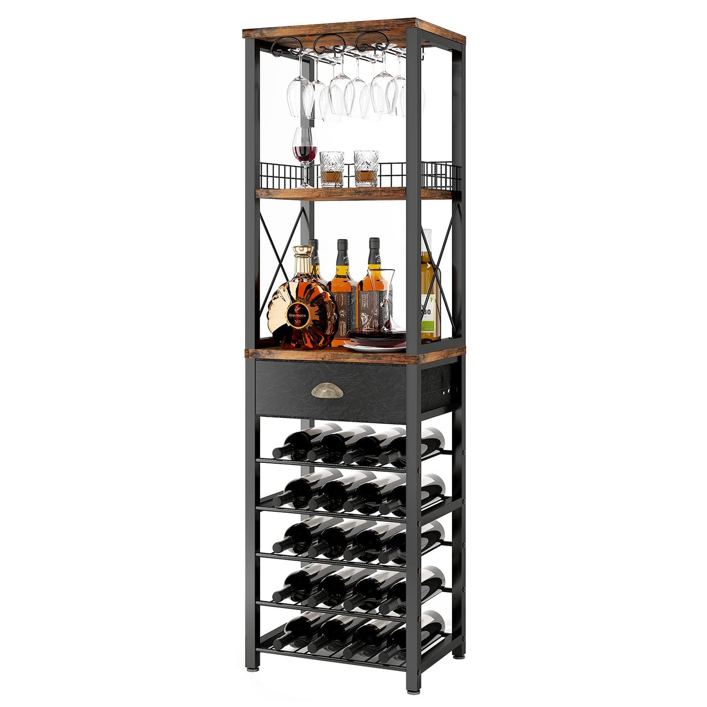 Homeiju Wine Rack Freestanding Floor, Bar Cabinet for Liquor and Glasses, 4-Tier bar Cabinet with Tabletop, Glass Holder, Storage Drawer and Wine Storage for Home Bar(Patent No.D1009580)