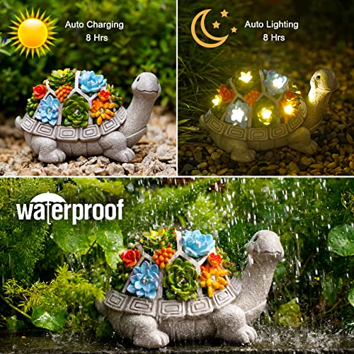 Nacome Solar Garden Outdoor Statues Turtle with Succulent and 7 LED Lights - Lawn Decor Tortoise Statue for Patio, Balcony, Yard Ornament - Unique Housewarming Gifts