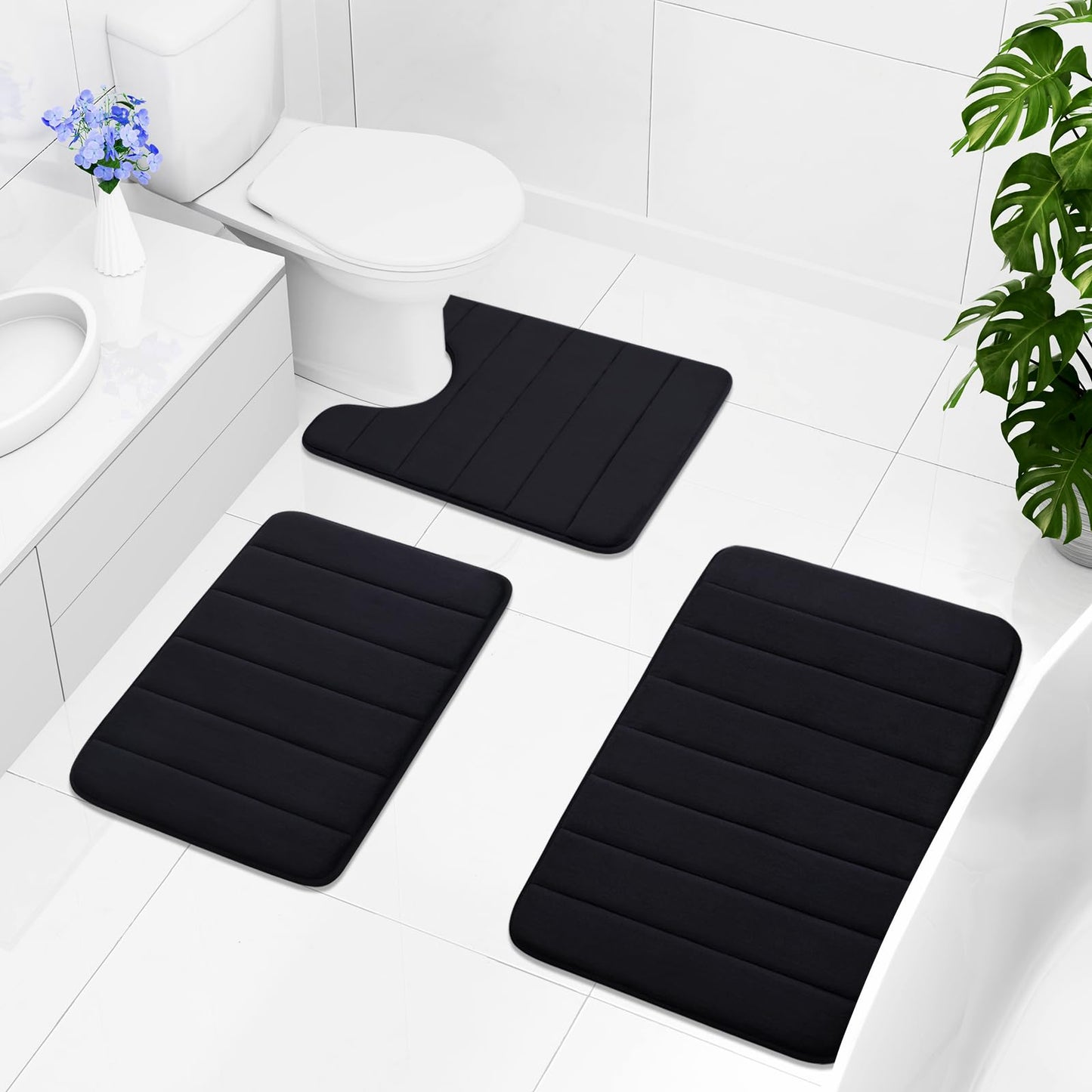 Buganda Memory Foam Bath Mat Rug, 24" x 16", Ultra Soft and Non-Slip Bathroom Rugs, Water Absorbent and Machine Washable Bath Rug for Bathroom, Shower, and Tub, Black