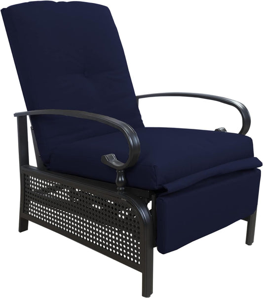 Kozyard Adjustable Outdoor Patio Reclining Lounge Chair - Comfortable Cushioned Recliner Chair with Strong Extendable Metal Frame for Sunbathing, Reading, Relaxation (Navy Blue)