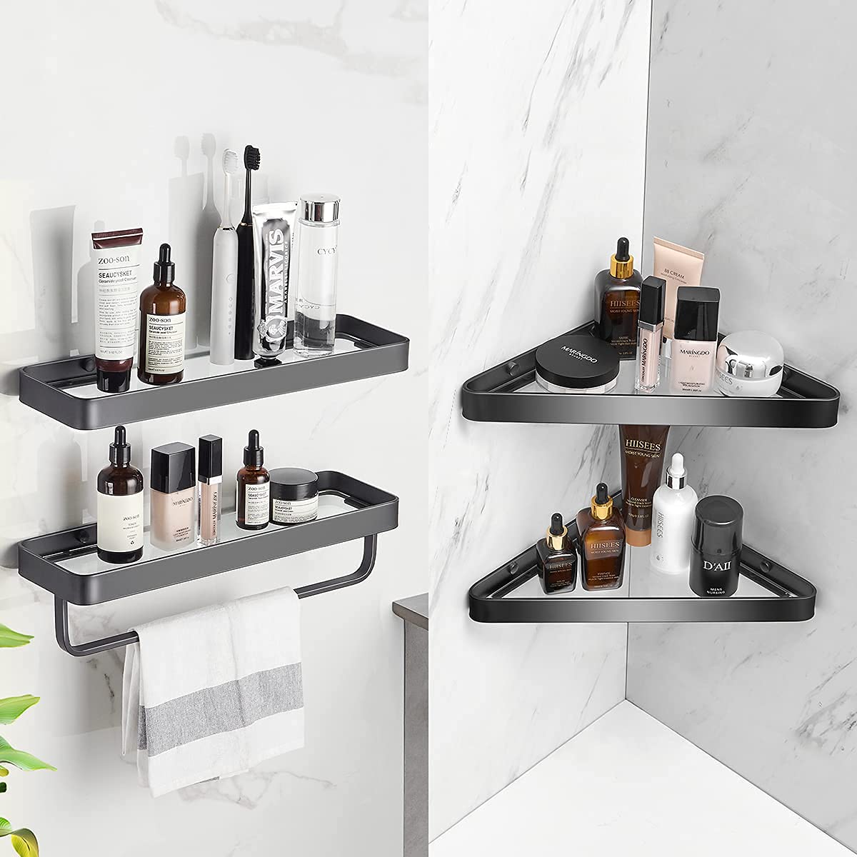 VOLPONE Bathroom Shelves Wall Mounted Glass Shelf for Bathroom Floating Shelf Tempered Glass Black Bathroom Wall Organizer 2-Tier