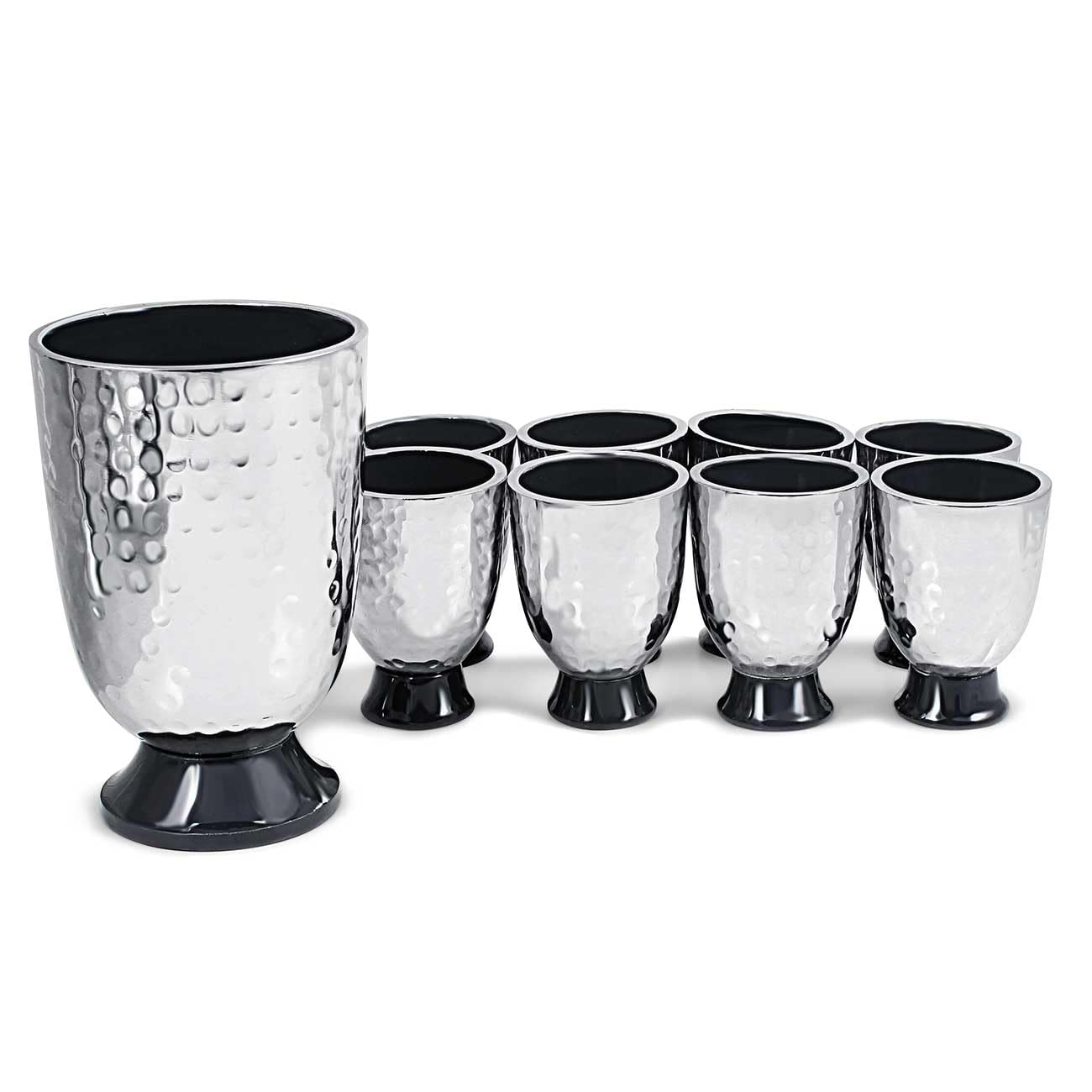 Elegant Display Kiddush Cup Wine Fountain Set - Hammered Metal with Enamel Detailing - Large Goblet, 8 Matching Shot Cups for Shabbat, Passover, Yom Tov, Wedding Gifts by Zion Judaica (Grey)