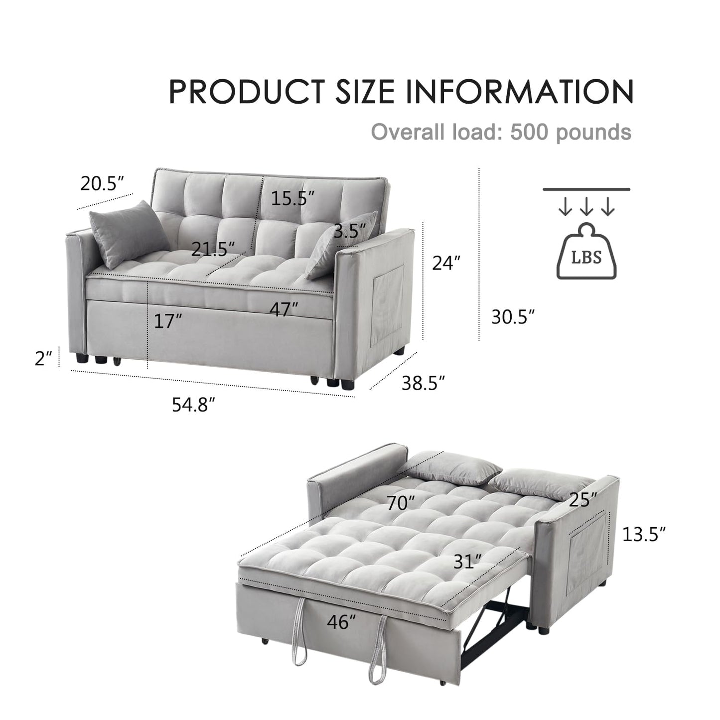 FENFSHE Convertible Sleeper Sofa Bed, Modern Velvet 3-in-1 Futon Couch Pullout Bed with Adjustable Backrest, Storage Pockets and Toss Pillows for Living Room, Bedroom (Grey)