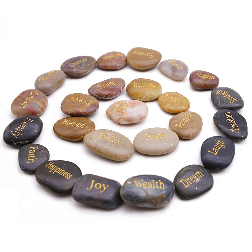 BigOtters Engraved Inspirational Stones, 25 Different Words Encouragement Stones Amulets Gift Stones for Friends and Family as Meditation Decorations Birthday or Holiday Graduation Gift