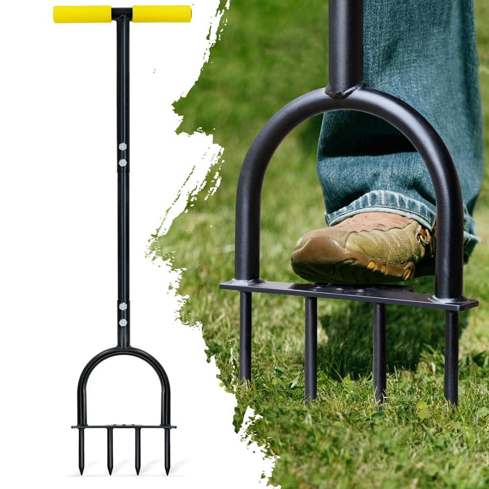 Colwelt Lawn Aerator Tool 38inch, Heavy Duty Grass Spike Aerator for Compacted Soil Aeration, Manual Lawn Air Aerators Tool with,Wide Foot Plate, Rugged Steel Spikes 3.5’’ in Length, 2/5’’ in Dia.