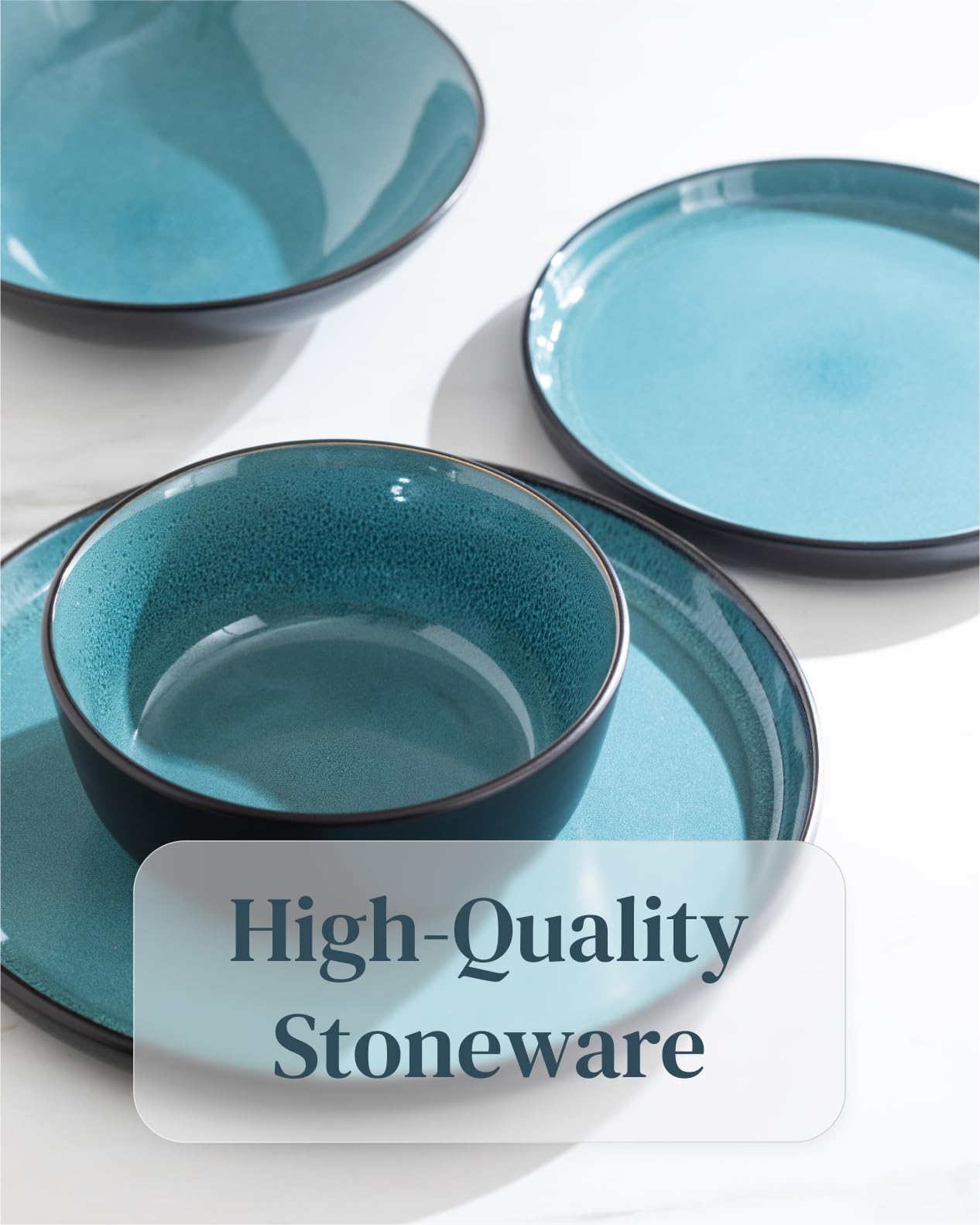 24 Piece Dinnerware Sets for 8 - Modern Style Stoneware Dinnerware Set - Scratch Resistant, Dishwasher Safe Plates and Bowls Sets Ceramic, Dish Set, Bowl and Plate Set - Black and Petrol Blue…