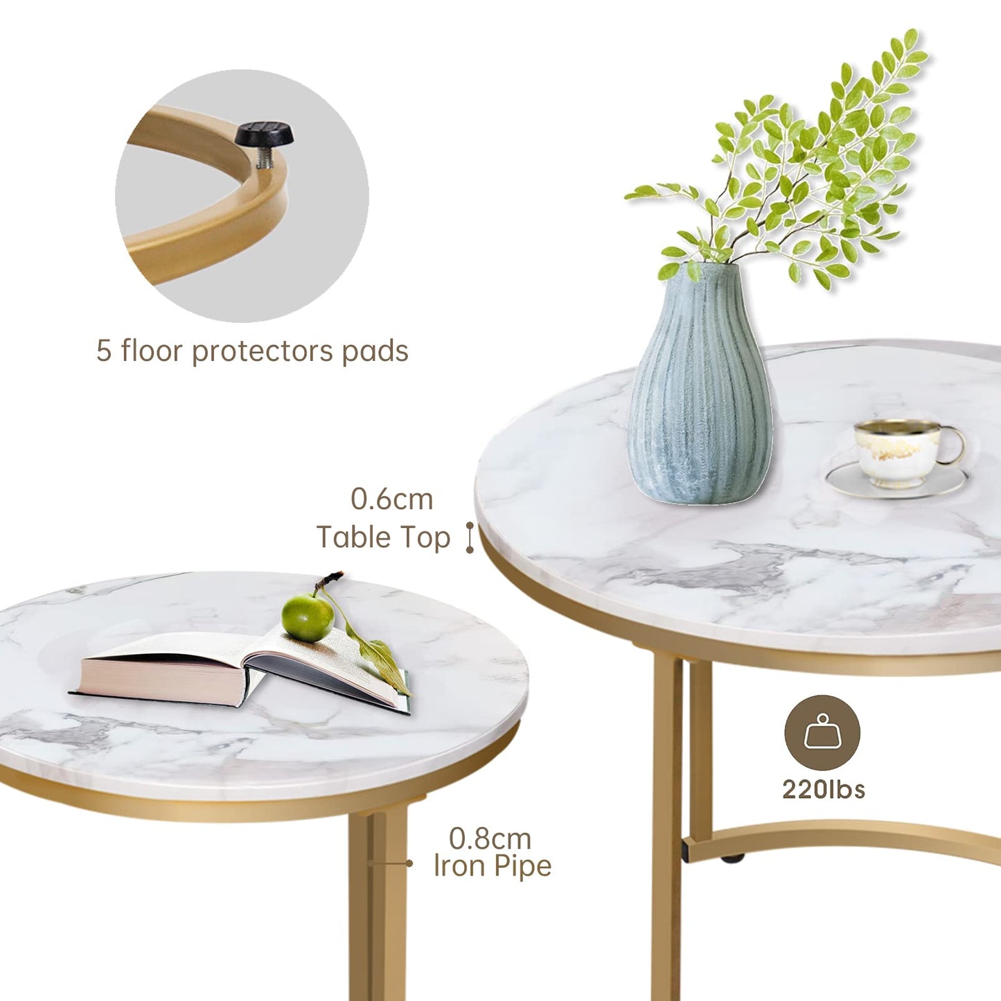 aboxoo Coffee Table Nesting White Set of 2 Side Set Golden Frame Circular and Marble Pattern Wooden Tables, Living Room Bedroom Apartment Modern Industrial Simple Nightstand