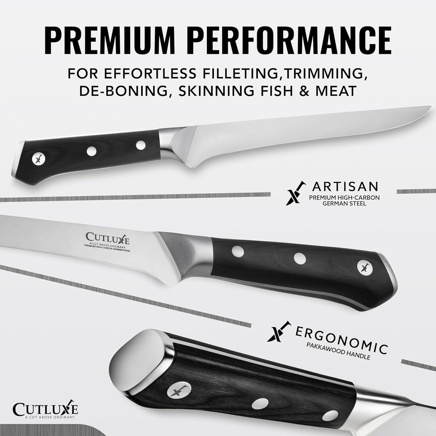 Cutluxe Boning & Fillet Knife – 6" Deboning Knife, Perfect for Meat Trimming – Razor Sharp Blade from High Carbon German Steel – Full Tang & Ergonomic Handle, Grilling Gifts for Men – Artisan Series