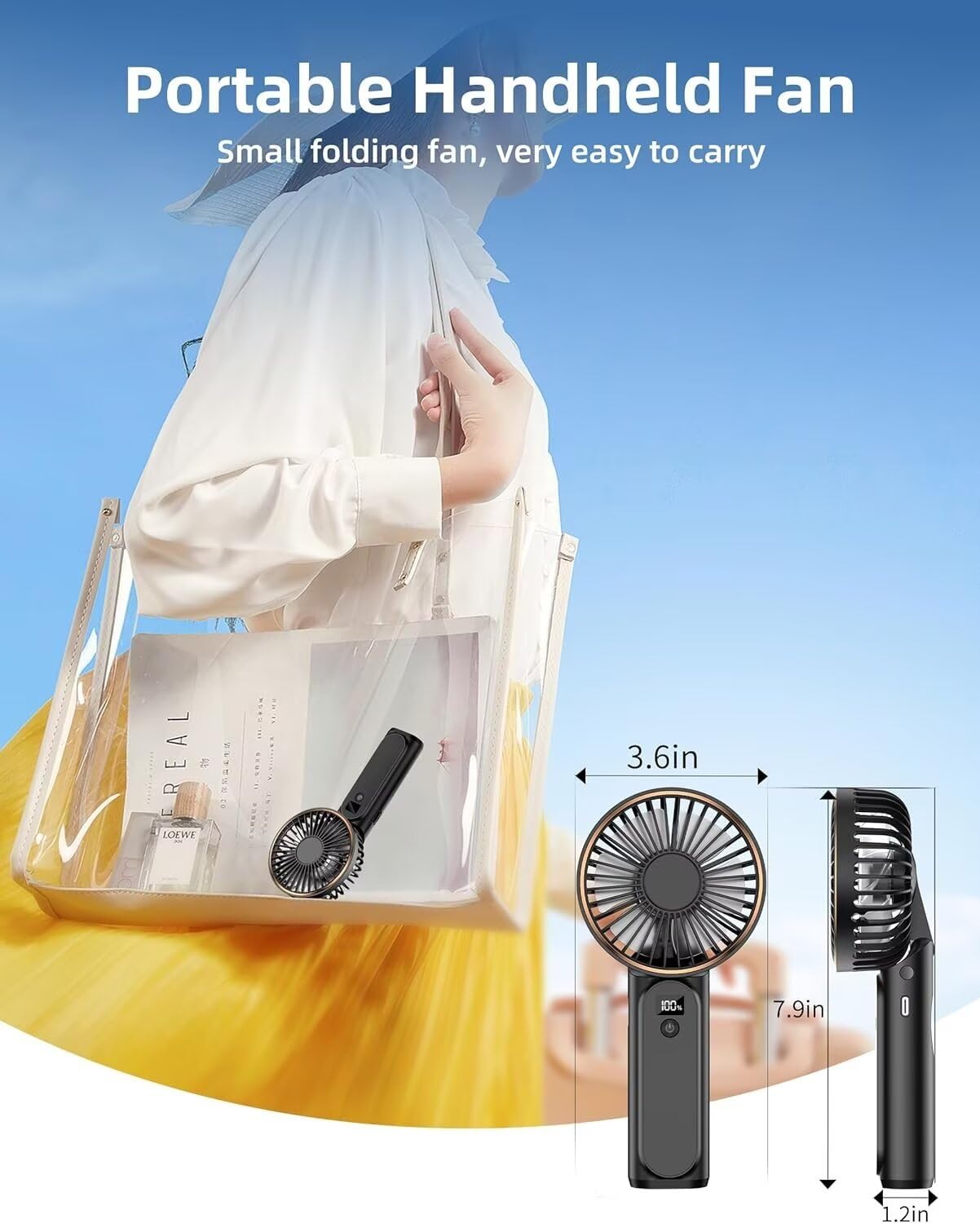 TUNISE Portable Handheld Fan, Portable Fan Rechargeable, 4000mAh, 180° Adjustable, 6 Speed Wind, Display Electricity in Real Time, USB Rechargeable Foldable Fan, Quiet Personal Fan as Power Bank