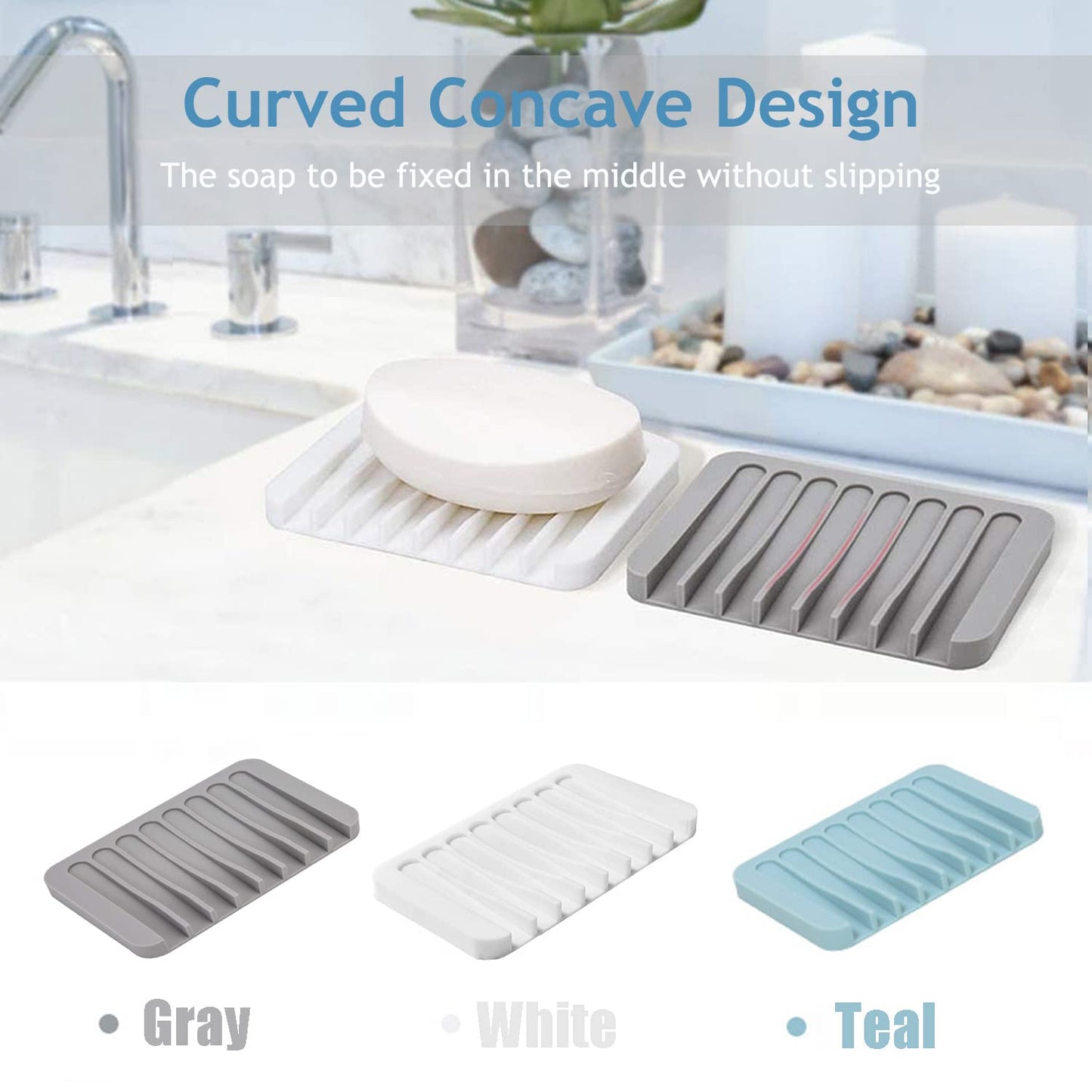 Self Draining Soap Dishes, 3 Pcs Silicone Soap Saver, Waterfall Drainer Soap Holder for Bathroom, Extend Soap Life, Keep Soap Bars Dry Clean & Easy Cleaning (White, Gray, Teal)