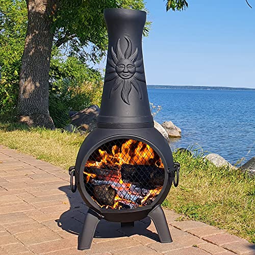 Sun Fire Outdoor Chiminea Fireplace by The Blue Rooster - Cast Aluminum Deck or Patio Firepit