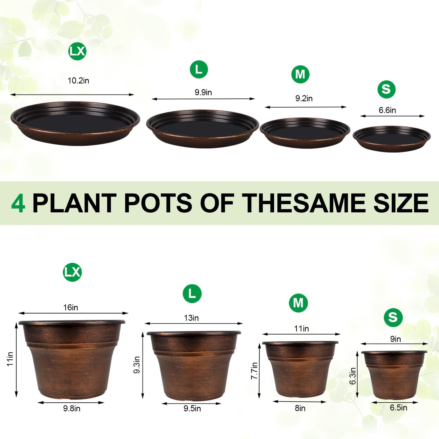 Plant Planters Pots Set of 4 Pack 11 Inch, Plastic Flower Pot for Indoor Plants with Drainage Holes & Trays, Resin Decorative Container Sets with Saucer for House Outdoor Garden Planters Copper