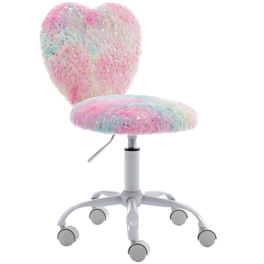 DM Furniture Small Kids Chair, Cute Heart Girls Desk Chair, Rolling Study Chair Furry Pink Computer Chair, Faux Fur Swivel Vanity Chair for Children Bedroom/Study, Colorful