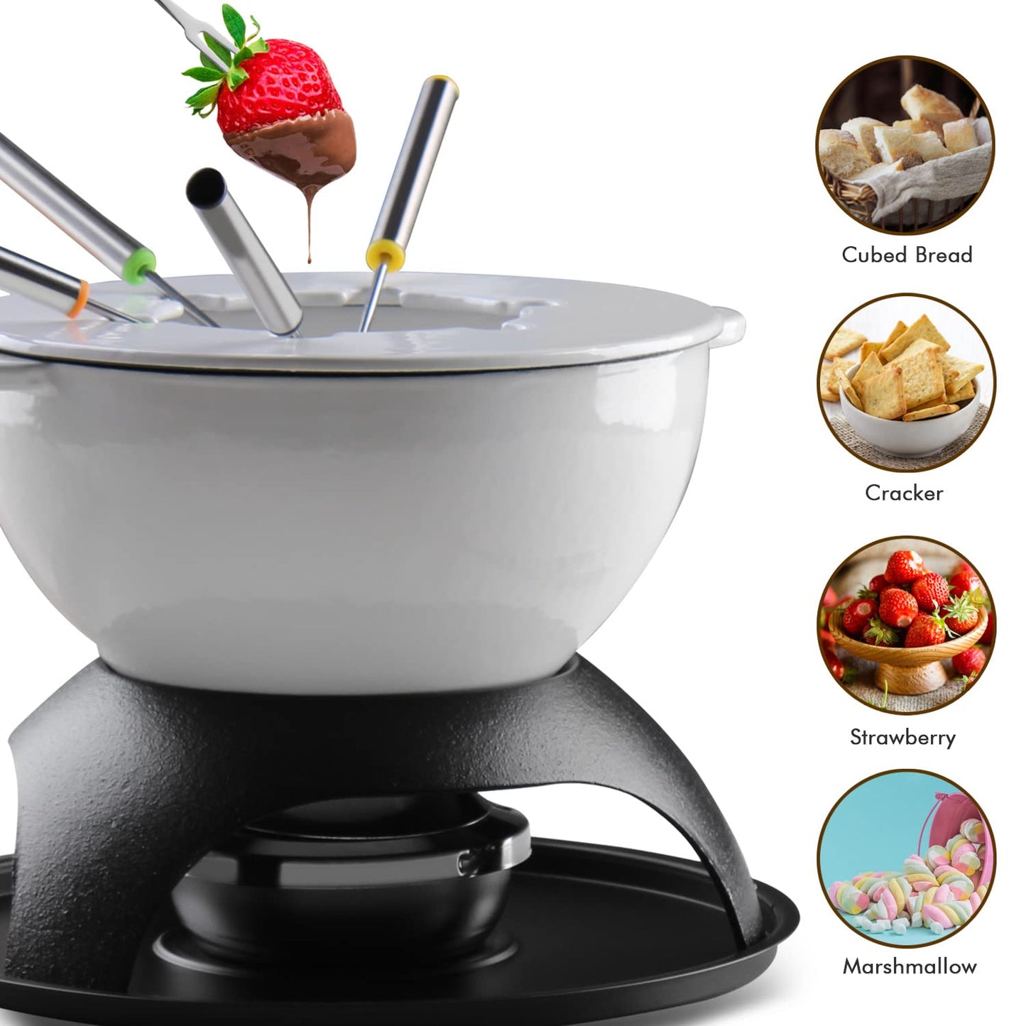 Artestia 11-Piece Cast Iron Fondue Set with Adjustable Burner 6 Colored Forks, 5-Cup White Cheese Fondue Pot for Chocolate, Meat, 4-6 Person
