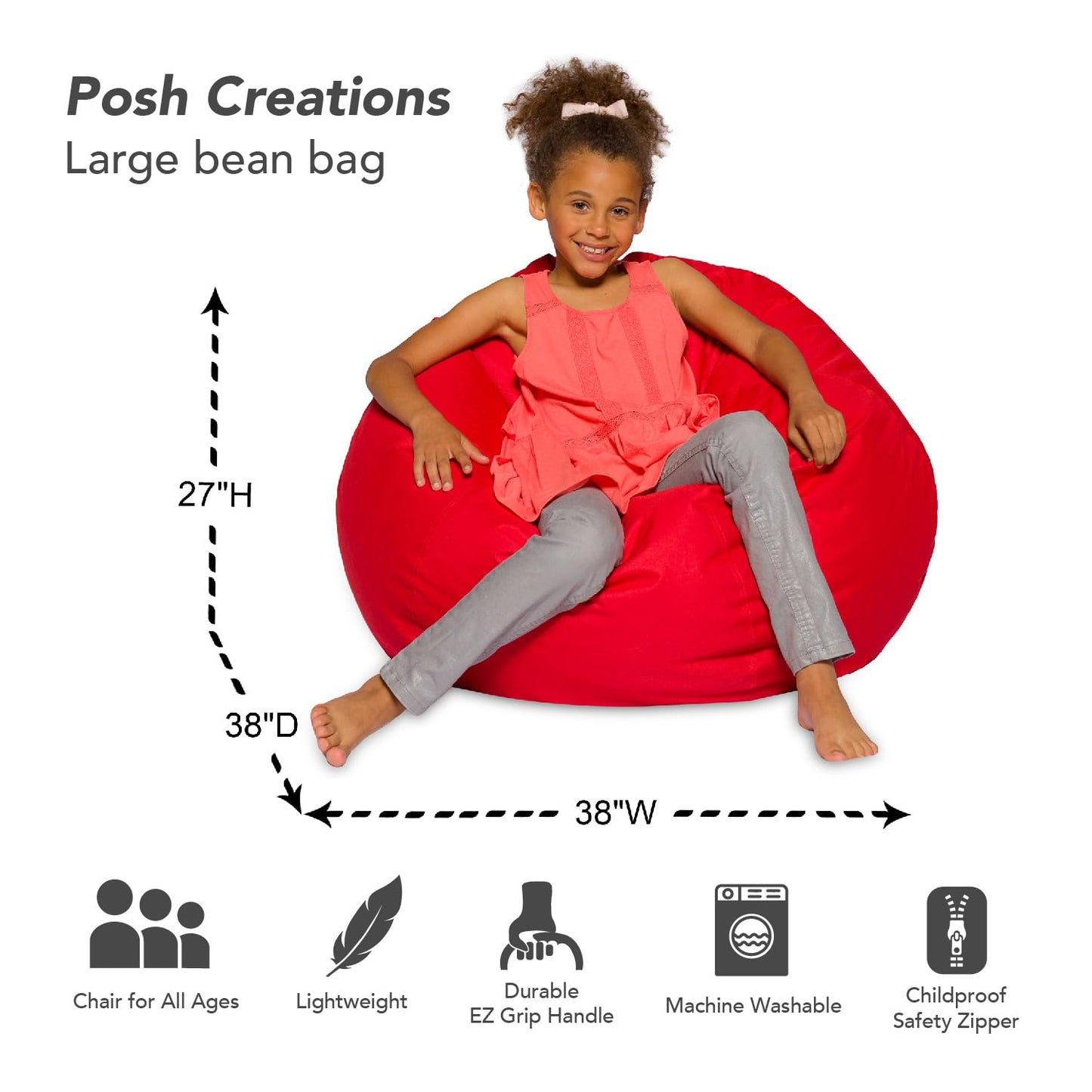 Posh Creations Bean Bag Chair for Kids, Teens, and Adults Includes Removable and Machine Washable Cover, Solid Red, 38in - Large