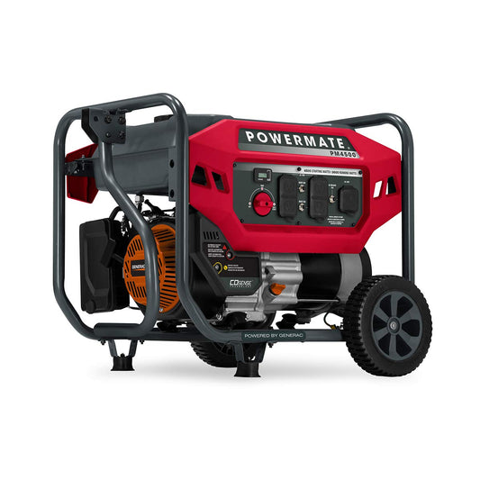 Powermate PM4500 4,500-Watt Gas-Powered Portable Open Frame Generator - COsense Technology - Quiet Operation - Ideal for Home, Camping, RV and Outdoor Activites - Engine Powered by Generac - Red/Black