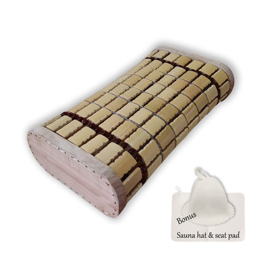 NUIBY Bamboo Sauna Headrest Pillow, 100% Natural Handmade Wood Sauna Pillow Sauna Neck Rest Sauna Accessory, Bonus Sauna Cap and Seat Pad Included, Summer Cool Cervical Spine Pillow (1 Set)