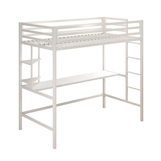 Novogratz Maxwell Metal Loft Bed with Desk & Shelves, Twin, Off White