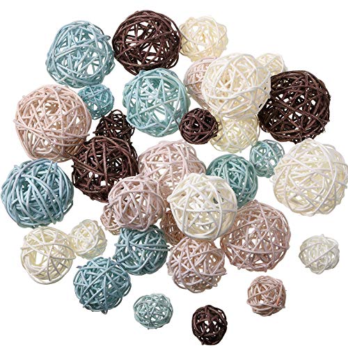 Patelai 36 Pcs Wicker Rattan Balls Decorative Balls for Vase Centerpiece Bowls Orbs Filler for Halloween Fall Craft Home Decor,4 Sizes(Light Blue, Light Brown, Dark Brown, White,2.4'',2'',1.6'',1.2'')