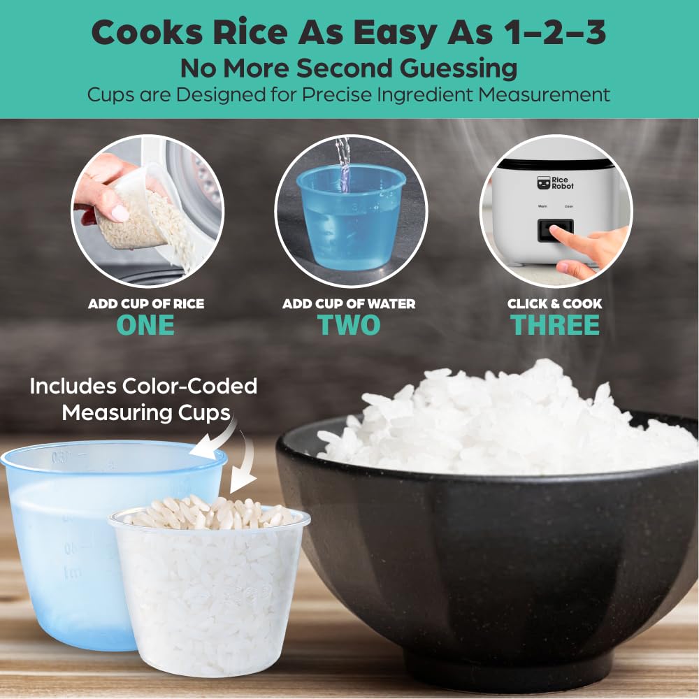 Rice Robot Personal Rice Cooker, PFAS-free, Nonstick. 1 Quart Capacity, with Stainless Steel Steamer Tray, Measuring Cups, Recipe Book with 60 Recipes, and Serving Spoon, As Seen On TV