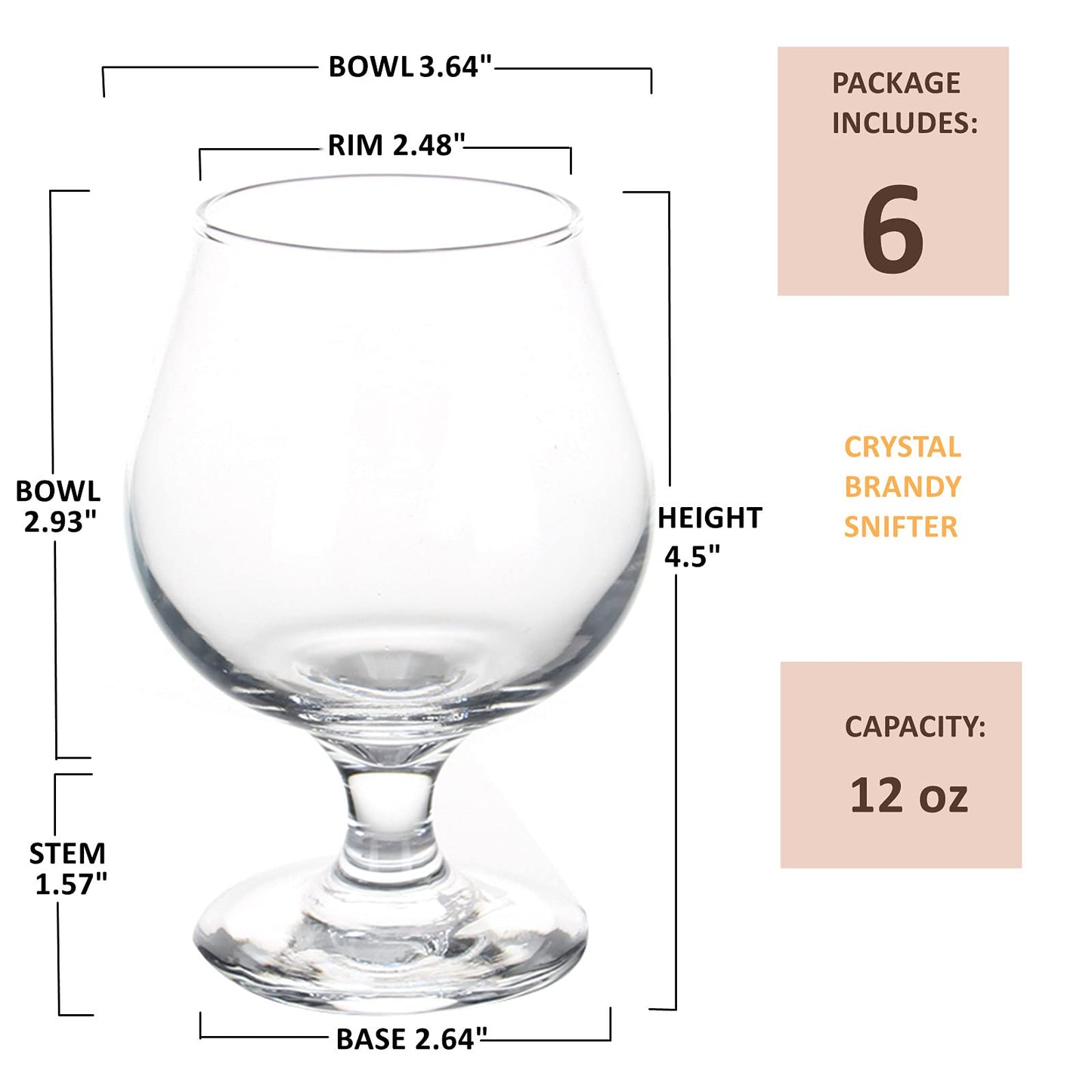 ZOOFOX 6 Pack 12 oz Snifter Whiskey Glasses, Brandy Glasses for Spirits, Clear Cognac Stemmed Glasses, Short Beer Tasting Glasses Drinking Cups, Great for Spirits Drinks