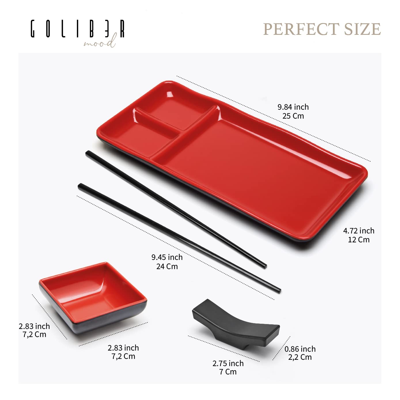 Goliber 8 Piece Japanese Style Sushi Plate Dinnerware Set - Includes 2 Sushi Plates, 2 Sauce Dishes, 2 Pairs of Chopsticks, 2 Chopsticks Holders (Red)