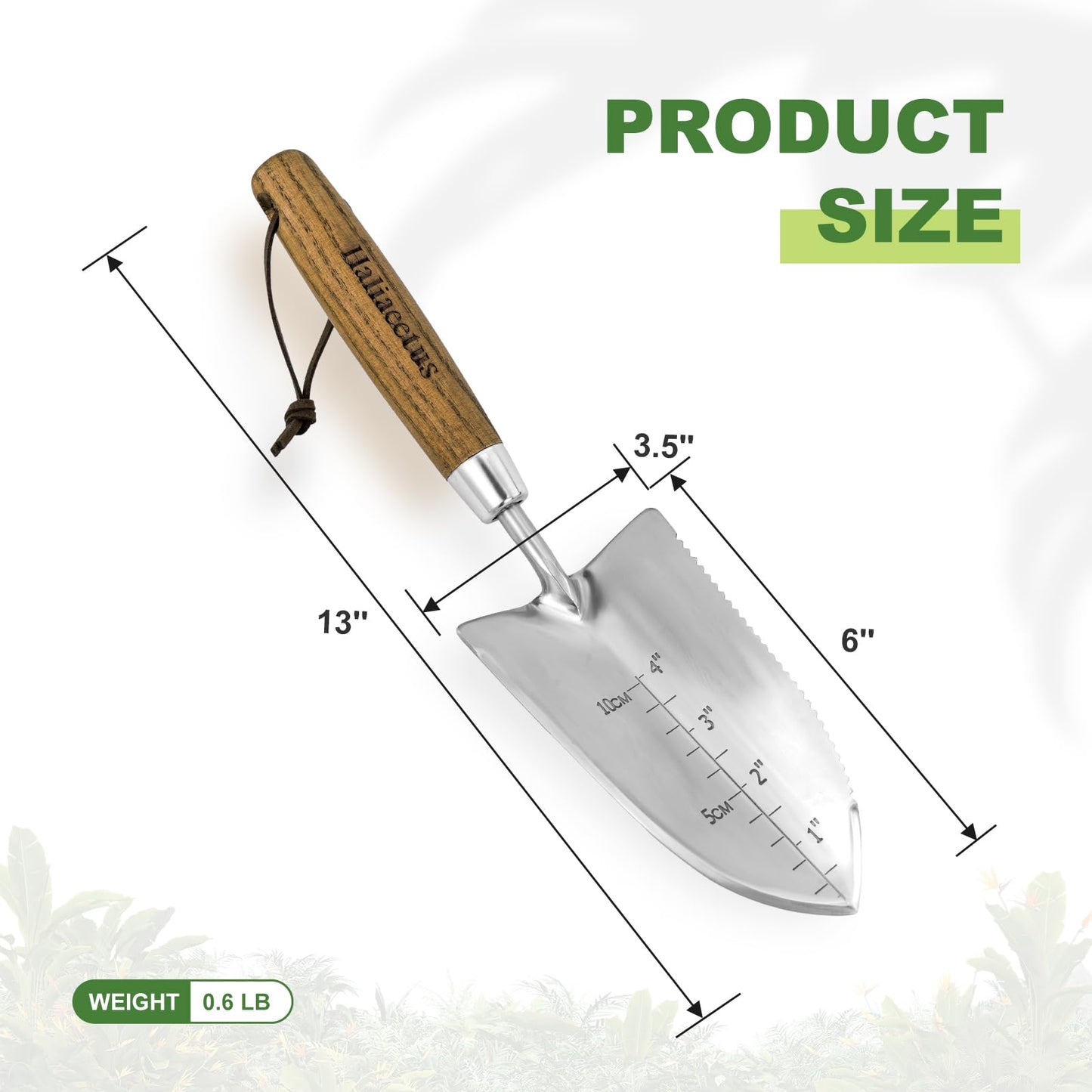 Haliaeetus Garden Trowel with Serrated Edge, 4'' Depth Marks Planting Shovel, V-Shaped Sharp Edge Garden Shovel, Stainless Steel Hand Shovel with Comfortable Wood Handle for Planting and Weeding