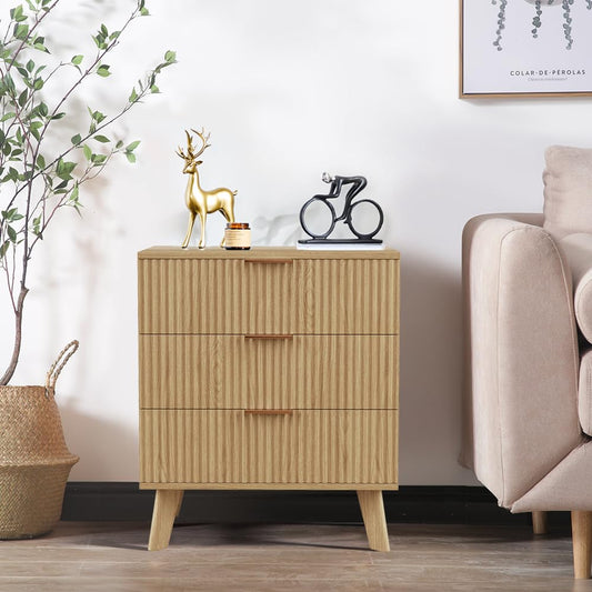 Mid-Century 3 Drawers Bedside Table Cabinet, Modern Nightstand with 3 Drawer and Solid Wood Legs, Contemporary 3-Drawer Nightstand, Mid Century Nightstand with 3 Storage Drawer for Bedroom (Natural)