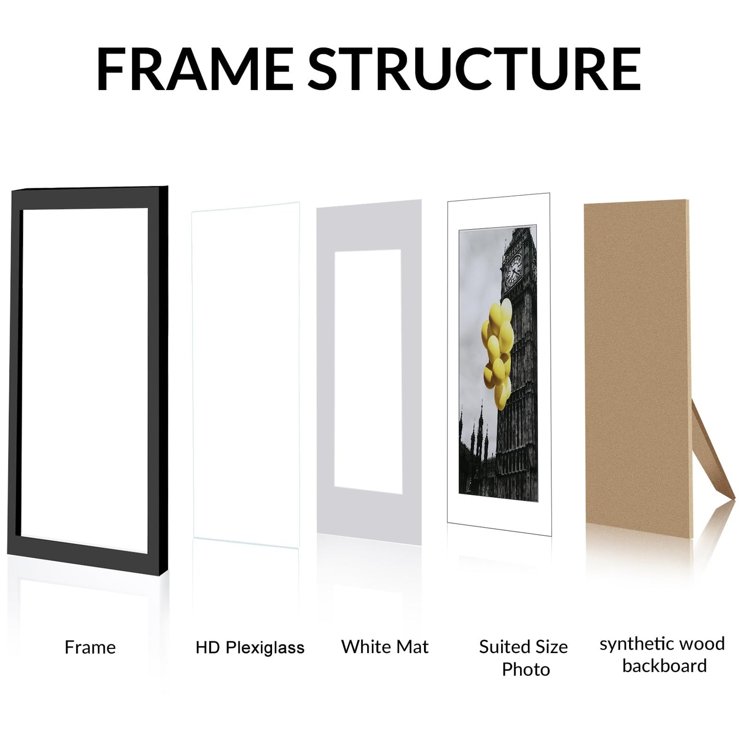 BSRHOME 12x16 Picture Frames Set of 6 with Plexiglass, Display Pictures 11x14 with Mat or 12x16 Without Mat for Tabletop Display and Wall Mounting，Black