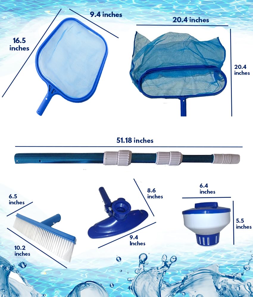 FibroPool Above Ground Swimming Pool Maintenance Kit - Telescoping Pole, Leaf Rake, Vacuum, Brush, Floating Chlorinator, Leaf Net and Test Strips