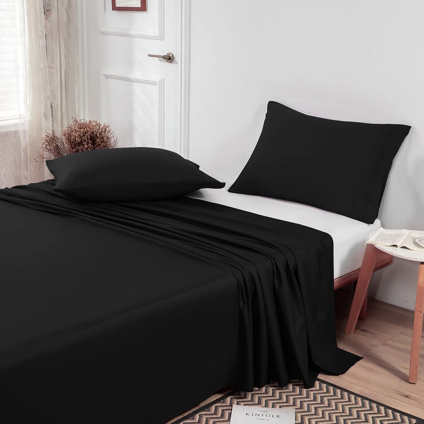 Lirex Black Twin Flat Sheet Only, Ultra Soft & Breathable Brushed 1800 Microfiber, Hotel Quality Flat Sheet Sold Separately, Top Sheet for Bed (White, Black)