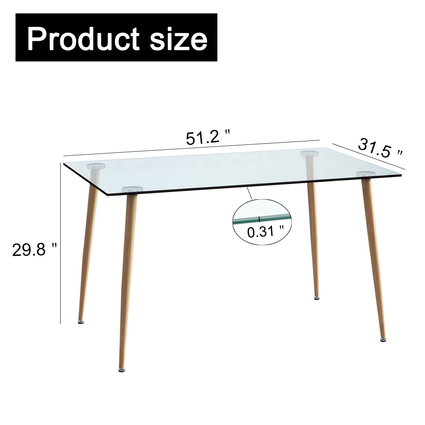 NicBex Modern Rectangular Glass Dining Table for 4-6 with 0.31" Tempered Glass Tabletop and Wood Colored Metal Legs, Writing Table Desk,for Kitchen Dining Living Room, Wood