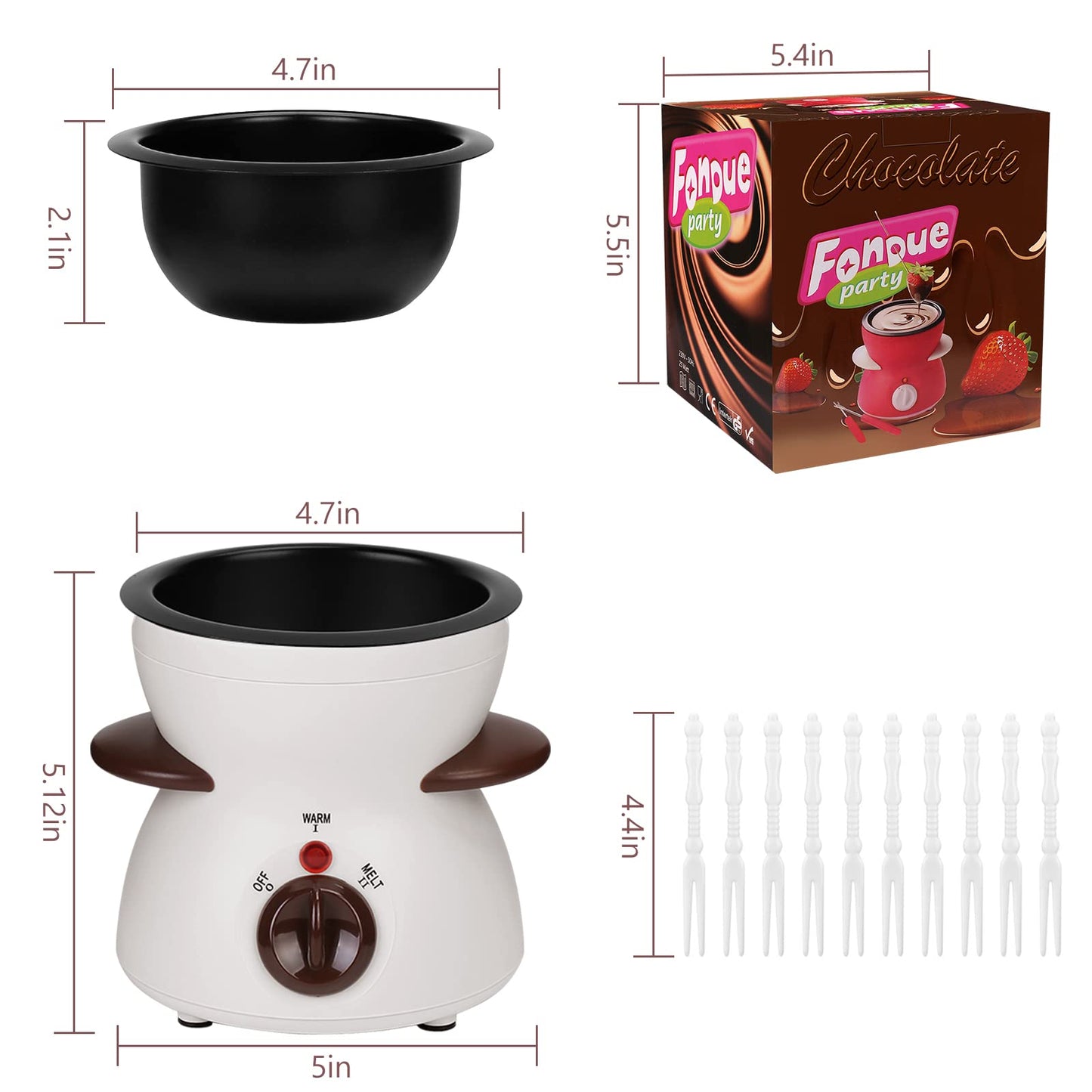 OFFKITSLY Fondue Pot Set, Mini Electric Fondue Pot Set for Melting Chocolate Cheese, Chocolate Meting Pot fondue maker Machine with Dipping Forks For Holiday Birthday Party Gift-White