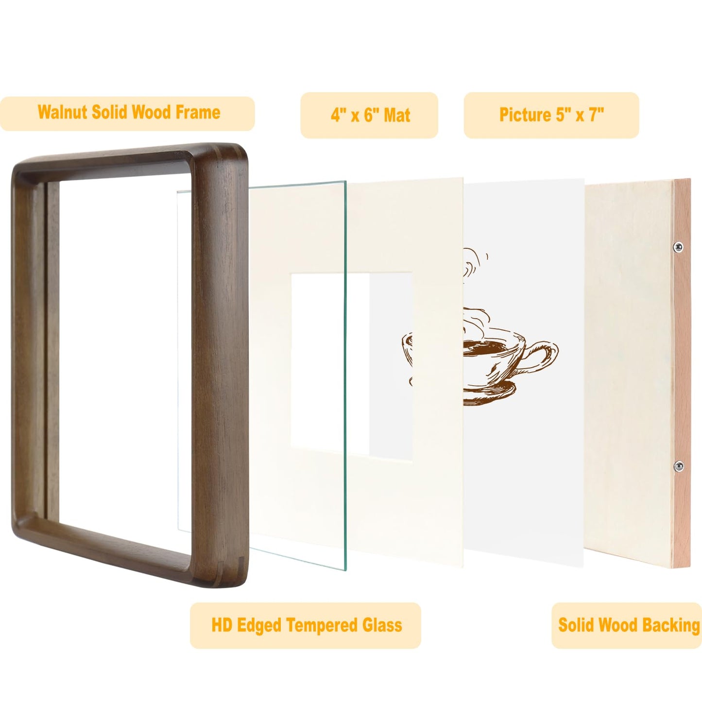 HELPLEX 5x7 Picture Frame Set of 2, Display Picture 4x6 with Mat or 5x7 Without Mat, Made of Natural Walnut Wood, HD Tempered Glass, Vertical or Horizontal Display for Tabletop and Wall