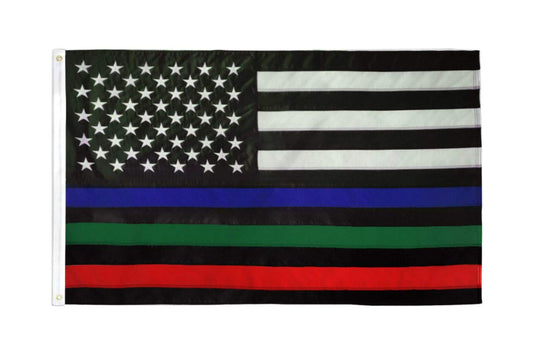 Thin Blue Green Red Line USA Flag 3x5 ft - Outdoor Heavy Duty Nylon Flag for High Winds, Support the Police Law Enforcement Firefighters Flag - Black White American Flag - House Room Roof Garden Flag