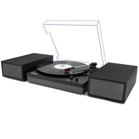 LP&NO.1 Vintage Record Player with Dual External Speakers,Wireless Turntable with RCA Output & Wireless Input,Classic Dark Gray