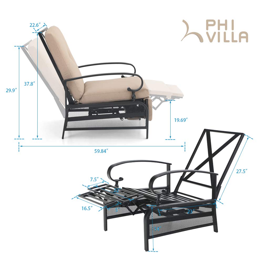 PHI VILLA Oversized Outdoor Recliner Chairs Set of 2, Zero Gravity Metal Patio Recliner Lounge Chairs with Removable Beige Cushions for Garden, Poolside, Lawn