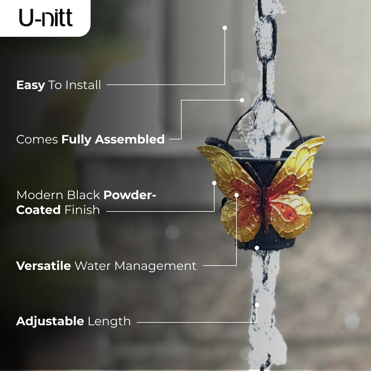 U-nitt Rain Chains for Gutters | Rainwater Catcher & Diverter | 8.5 FT Metal Black Rain Chain | Powder Coated, Farmhouse Bucket, Golden | Roof Gutter Chain Downspout | DIY Rain Chain Installation Kit