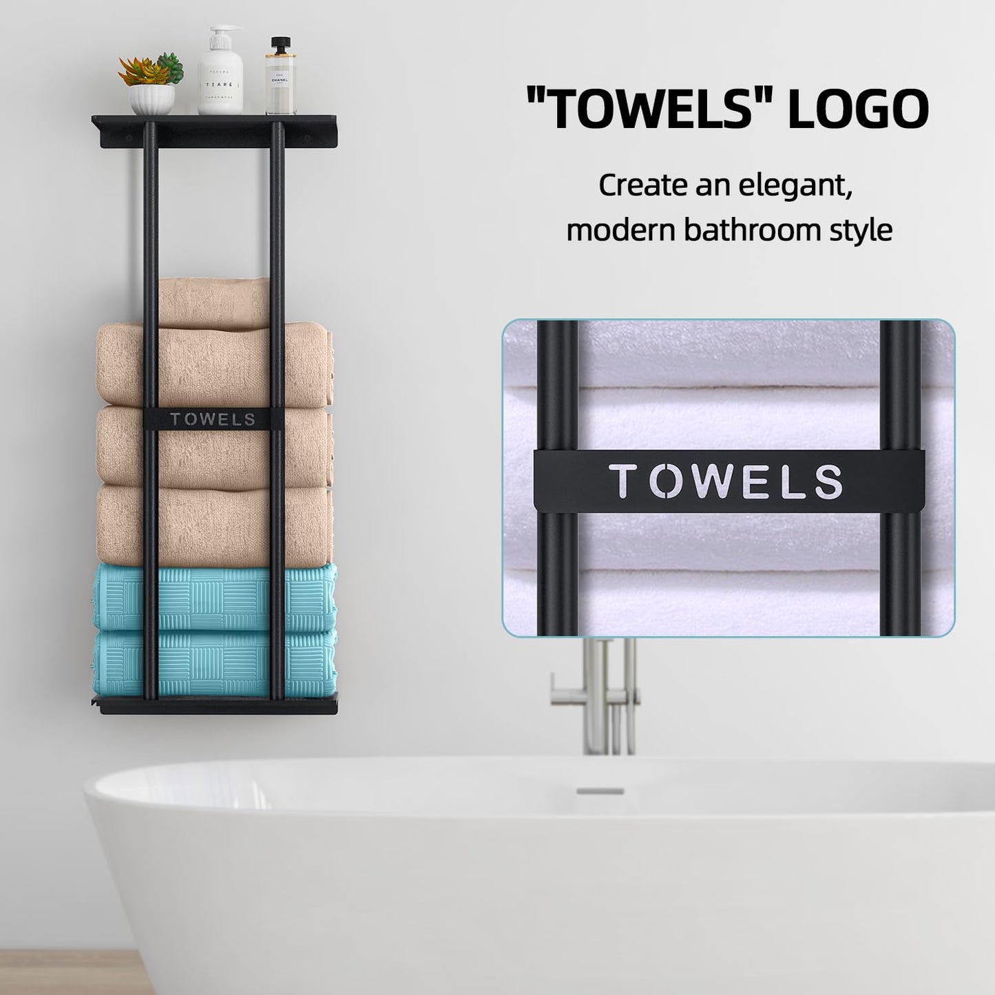 STWWO Bathroom Towel Storage Rack, Towel Racks for Bathroom Wall Mounted 30 inch with Shelf Can Holds 6 Large Towels, Wall Towel Rack for Rolled Towels, Black