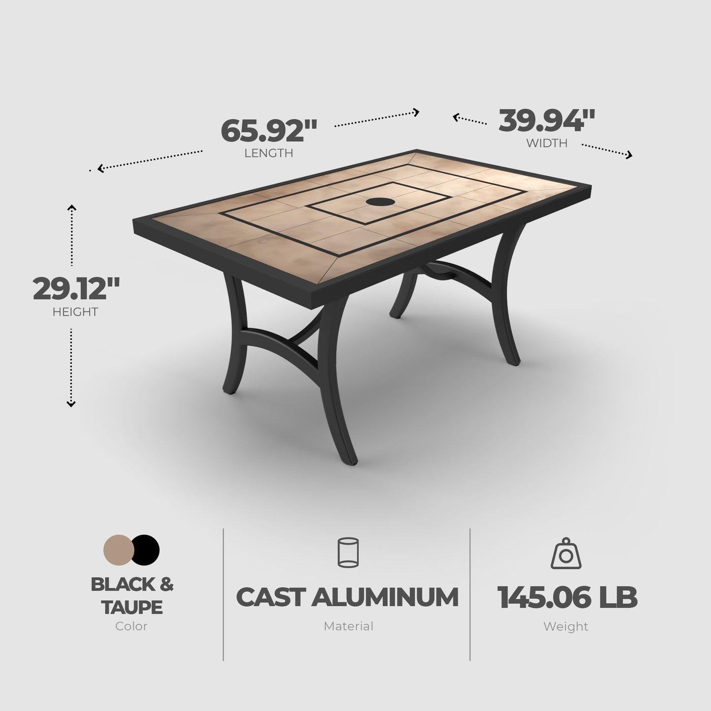 Four Seasons Courtyard Highland 40 by 66 Inch Al Fresco Dining Table with Grouted Wood Look Tile Top and Cast Aluminum Frames, Black/Taupe